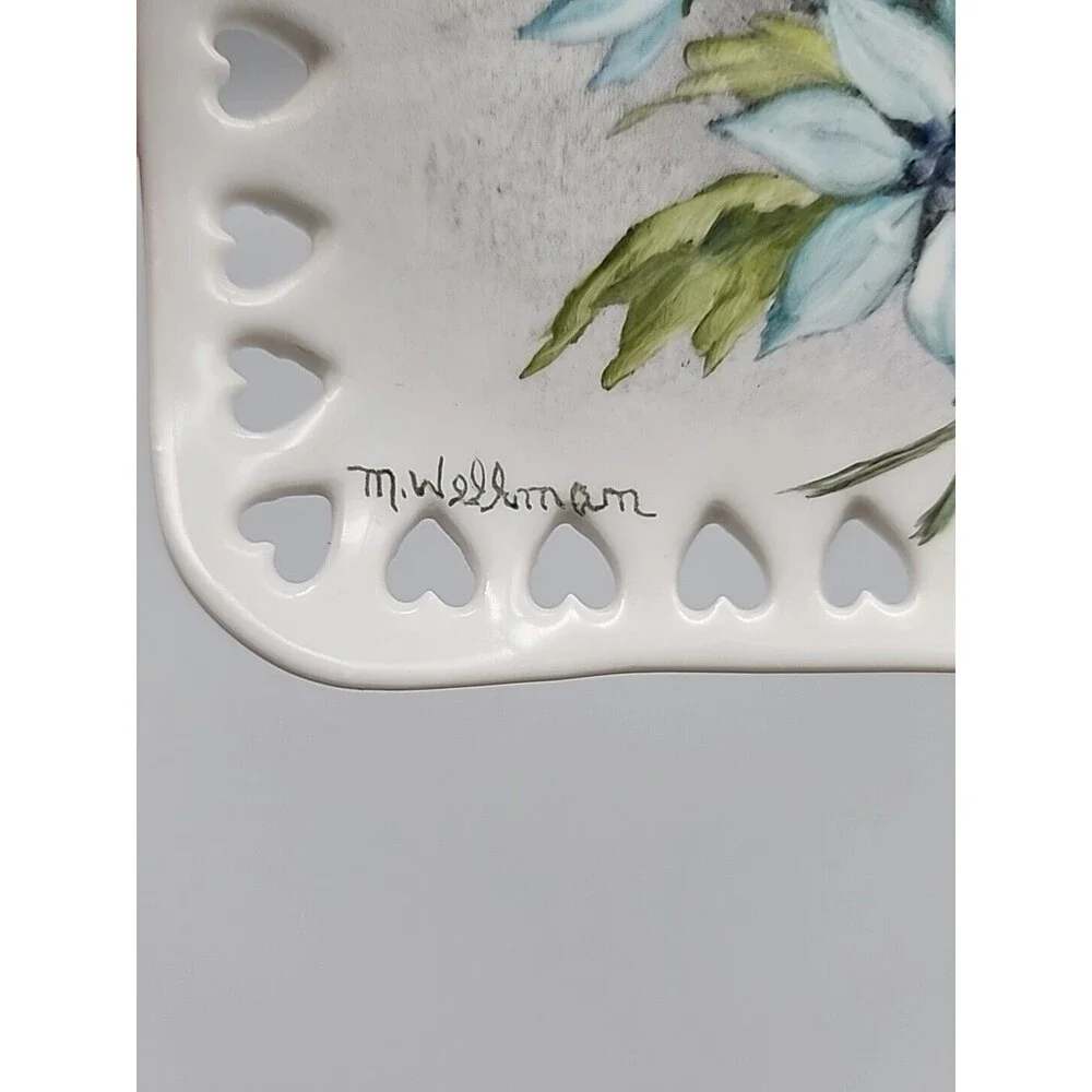 VTG Hand Painted Blue Floral Porcelain Square Dish Heart Cutouts 1967 Original
